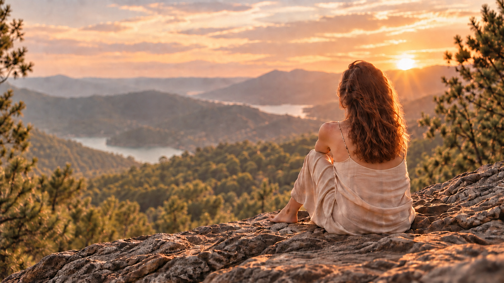 Mujer de pelo ondulado contemplando un paisaje de montaña al atardecer